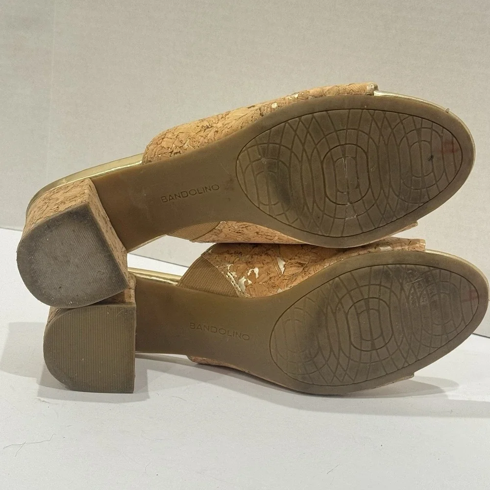 Bandolino Metallic Gold Neutral Minimalist Cork‎ Chunky Heeled Sandal Size 10M